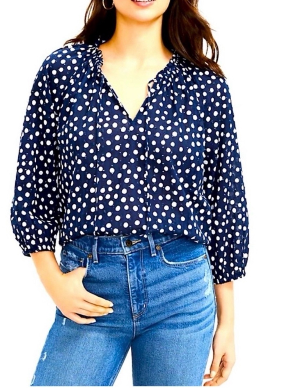 LOFT Navy and White Polka Dot Peasant Tunic - Size Large